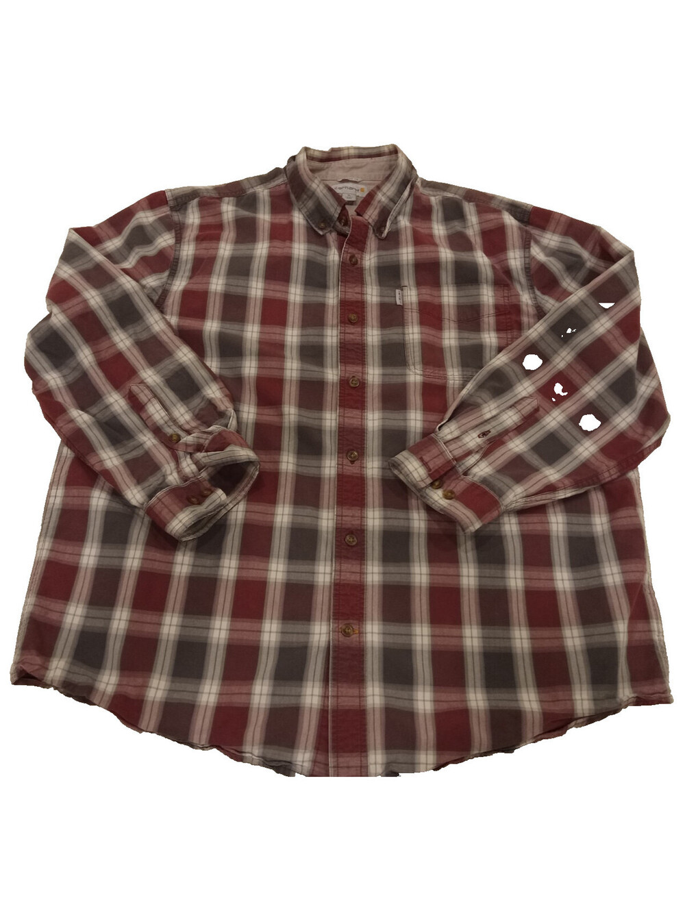 Carhartt Plaid Shirt Mens XL Red Gray White Button Down Heavyweight Long Sleeve
